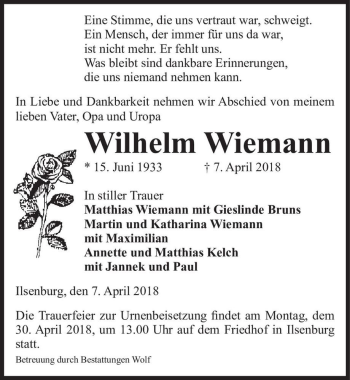 Traueranzeige von Wilhelm Wiemann  von Magdeburger Volksstimme