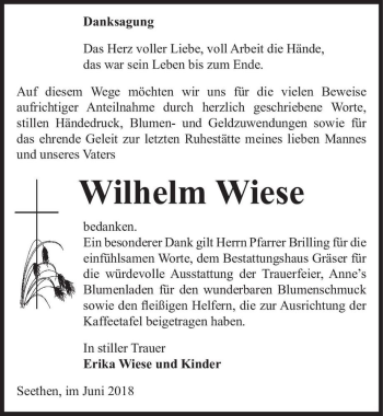 Traueranzeige von Wilhelm Wiese  von Magdeburger Volksstimme