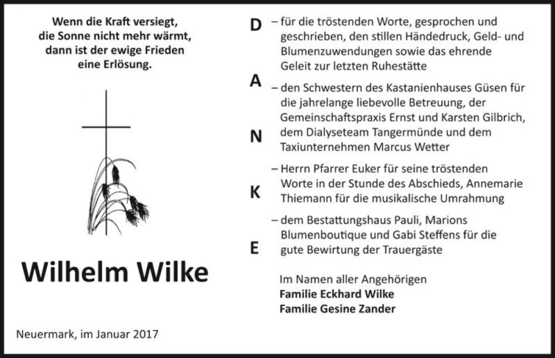  Traueranzeige für Wilhelm Wilke  vom 28.01.2017 aus Magdeburger Volksstimme