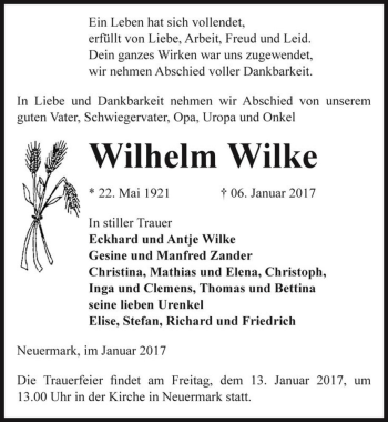 Traueranzeige von Wilhelm Wilke  von Magdeburger Volksstimme