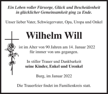 Traueranzeige von Wilhelm Will  von Magdeburger Volksstimme