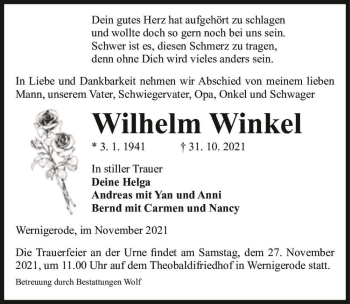 Traueranzeige von Wilhelm Winkel  von Magdeburger Volksstimme