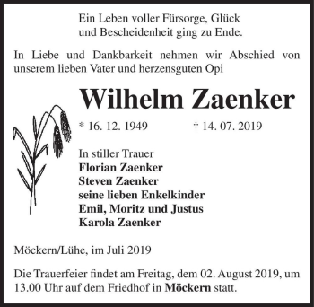 Traueranzeige von Wilhelm Zaenker  von Magdeburger Volksstimme