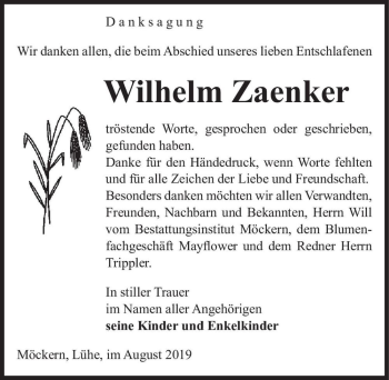 Traueranzeige von Wilhelm Zaenker  von Magdeburger Volksstimme