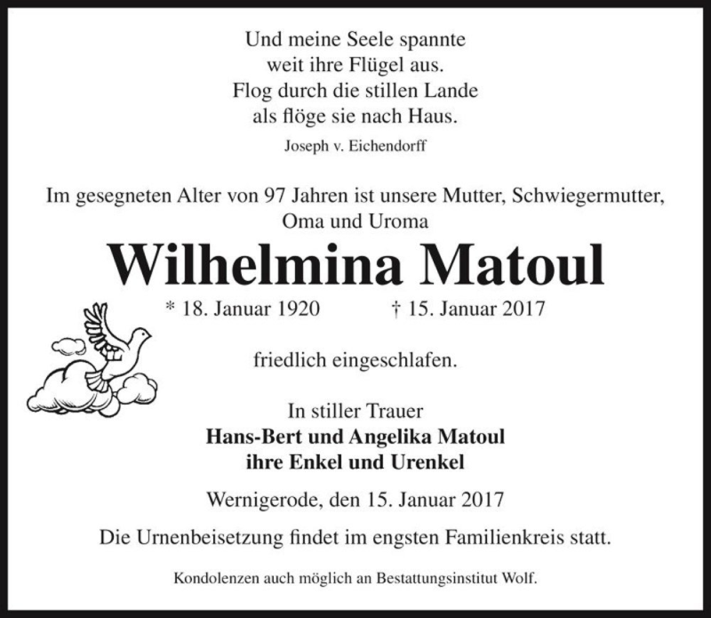  Traueranzeige für Wilhelmina Matoul  vom 20.01.2017 aus Magdeburger Volksstimme