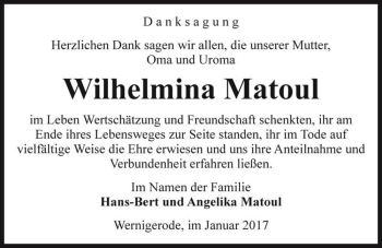 Traueranzeige von Wilhelmina Matoul  von Magdeburger Volksstimme