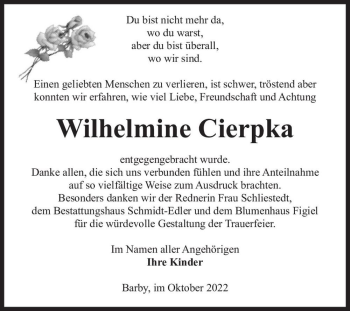 Traueranzeige von Wilhelmine Cierpka  von Magdeburger Volksstimme