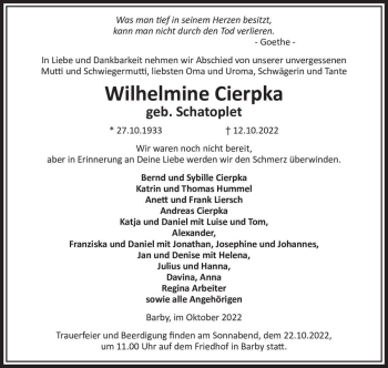 Traueranzeige von Wilhelmine Cierpka (geb. Schatoplet)  von Magdeburger Volksstimme