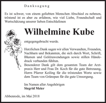 Traueranzeige von Wilhelmine Kube  von Magdeburger Volksstimme