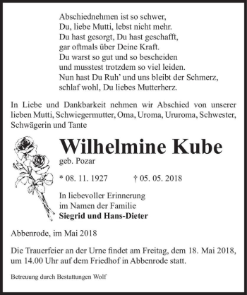 Traueranzeige von Wilhelmine Kube (geb. Pozar)  von Magdeburger Volksstimme