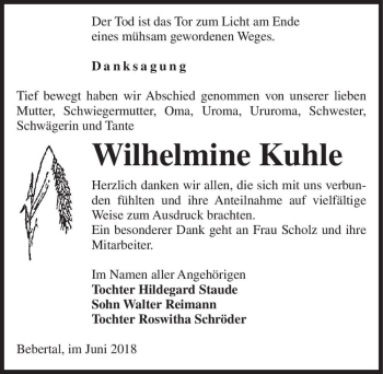 Traueranzeige von Wilhelmine Kuhle  von Magdeburger Volksstimme