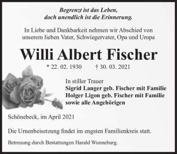 Traueranzeige von Wili Albert Fischer  von Magdeburger Volksstimme