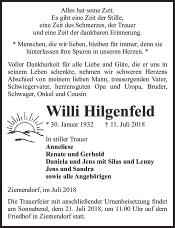 Traueranzeige von Wili Hilgenfeld  von Magdeburger Volksstimme