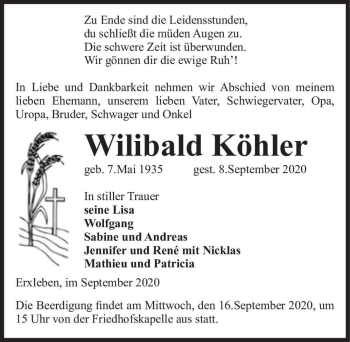 Traueranzeige von Wilibald Köhler  von Magdeburger Volksstimme