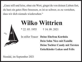 Traueranzeige von Wilko Wittrien  von Magdeburger Volksstimme