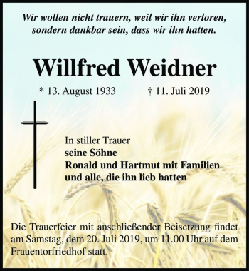 Traueranzeige von Willfred Weidner  von Magdeburger Volksstimme