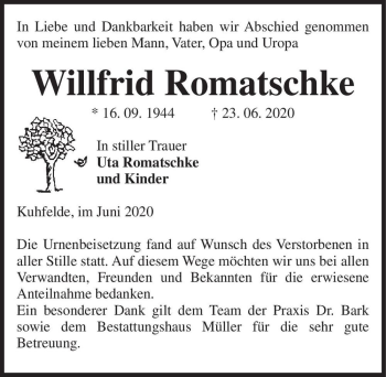 Traueranzeige von Willfrid Romatschke  von Magdeburger Volksstimme