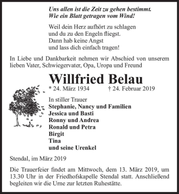 Traueranzeige von Willfried Belau  von Magdeburger Volksstimme
