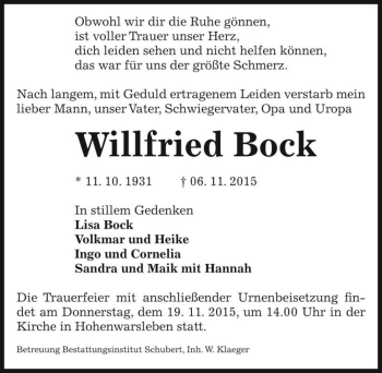 Traueranzeige von Willfried Bock  von Magdeburger Volksstimme