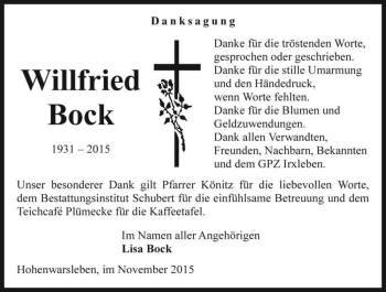 Traueranzeige von Willfried Bock  von Magdeburger Volksstimme