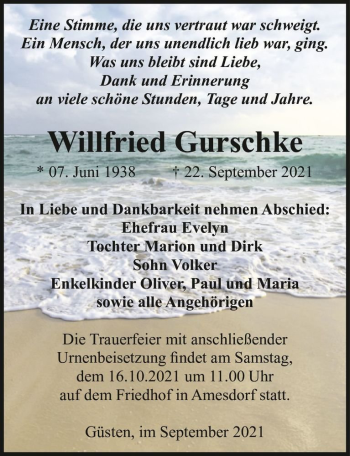 Traueranzeige von Willfried Gurschke  von Magdeburger Volksstimme