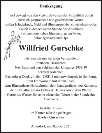 Traueranzeige von Willfried Gurschke  von Magdeburger Volksstimme