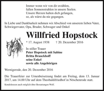 Traueranzeige von Willfried Hopstock  von Magdeburger Volksstimme