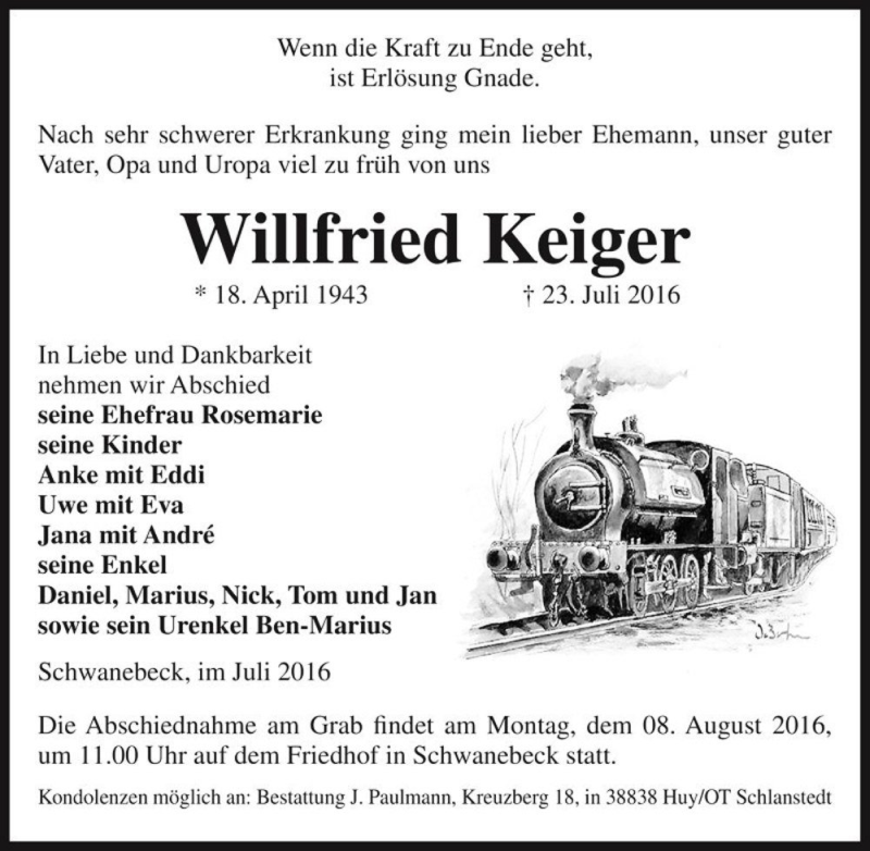  Traueranzeige für Willfried Keiger  vom 30.07.2016 aus Magdeburger Volksstimme