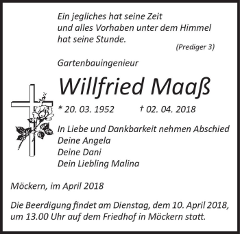 Traueranzeige von Willfried Maaß  von Magdeburger Volksstimme