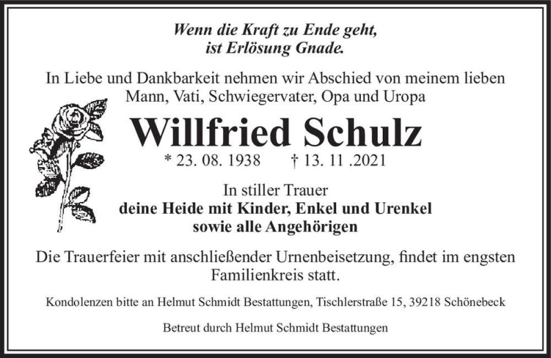  Traueranzeige für Willfried Schulz  vom 20.11.2021 aus Magdeburger Volksstimme