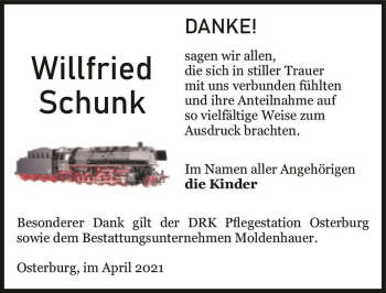 Traueranzeige von Willfried Schunk  von Magdeburger Volksstimme