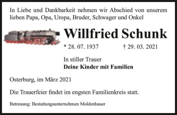 Traueranzeige von Willfried Schunk  von Magdeburger Volksstimme
