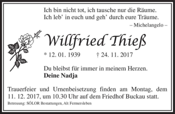 Traueranzeige von Willfried Thieß  von Magdeburger Volksstimme