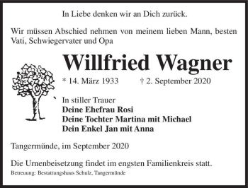 Traueranzeige von Willfried Wagner  von Magdeburger Volksstimme