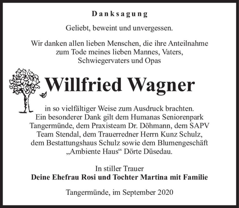  Traueranzeige für Willfried Wagner  vom 19.09.2020 aus Magdeburger Volksstimme