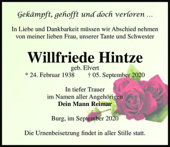 Traueranzeige von Willfriede Hintze (geb. Elvert)  von Magdeburger Volksstimme