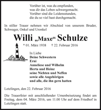 Traueranzeige von Willi 
