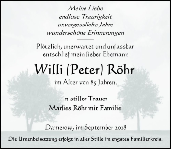 Traueranzeige von Willi (Peter) Röhr  von Magdeburger Volksstimme