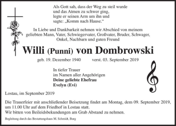 Traueranzeige von Willi (Punni) von Dombrowski  von Magdeburger Volksstimme