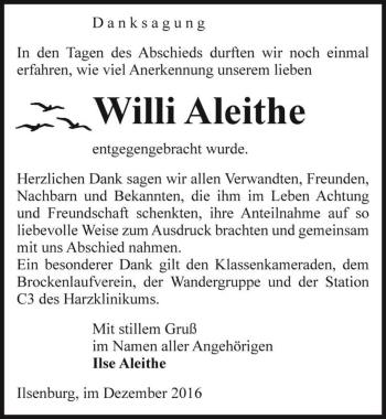 Traueranzeige von Willi Aleithe  von Magdeburger Volksstimme