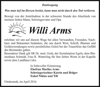 Traueranzeige von Willi Arms  von Magdeburger Volksstimme
