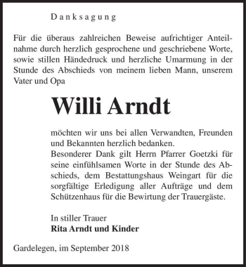 Traueranzeige von Willi Arndt  von Magdeburger Volksstimme