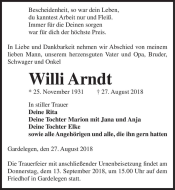 Traueranzeige von Willi Arndt  von Magdeburger Volksstimme