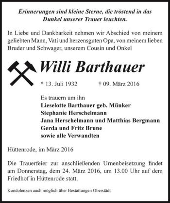 Traueranzeige von Willi Barthauer  von Magdeburger Volksstimme