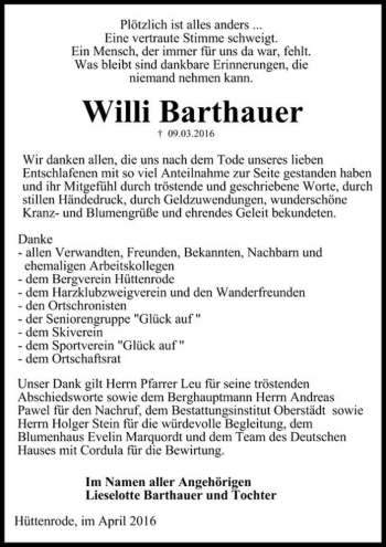 Traueranzeige von Willi Barthauer  von Magdeburger Volksstimme