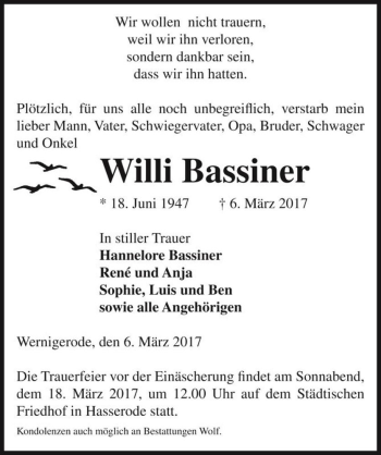 Traueranzeige von Willi Bassiner  von Magdeburger Volksstimme