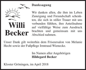 Traueranzeige von Willi Becker  von Magdeburger Volksstimme