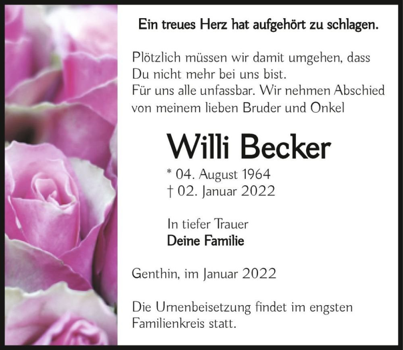  Traueranzeige für Willi Becker  vom 22.01.2022 aus Magdeburger Volksstimme