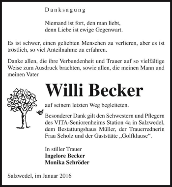 Traueranzeige von Willi Becker  von Magdeburger Volksstimme