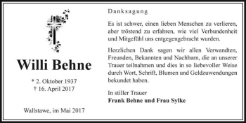 Traueranzeige von Willi Behne  von Magdeburger Volksstimme
